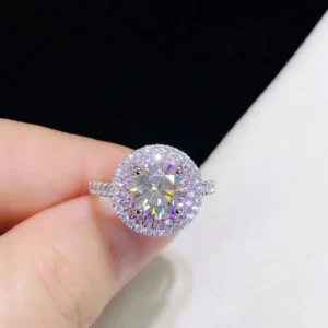 S925 Silver Rhodium Plated 2ct D VVS Round Cut Moissanite Diamond Women Engagement Wedding Ring