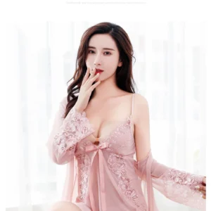 3 Pieces Women Pajamas Sets Faux Silk Pajamas Sleepwear Sets Embroidery Lace Bath Gown Wedding Night Dress Robe