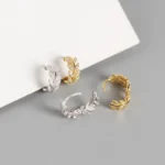 925 Sterling Silver Earrings Elegant Olive Leaf Shape with Shiny Zircon Diamond Gold Plated Hoop Earrings for Women