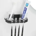 Adhesive Black Aluminum Toothpaste Dispenser Toothbrush Cup Holder Wall Mounted Toothbrush Racks Toothbrush Storage Holder