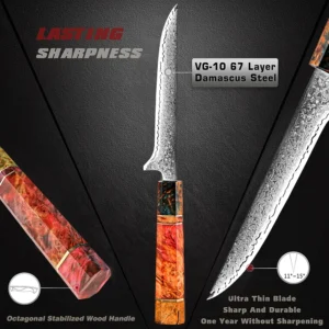 6" Boning Knife Damascus Steel Pro Bone Removal Steak Sushi Salmon Filleting Slicing Cutting Tools by Kitchen Chefs High-end
