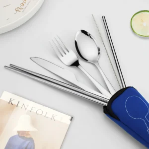 Reusable Tableware Chopsticks Spoon Stainless Steel Flatware Set Metal Straw Portable Travel Cutlery Set