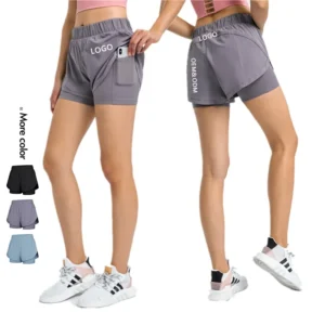 Xsunwing Elastic Drawstring Double Layer Short Women Summer Solid Hot Shorts Breathable Yoga Shorts With Pocket WHRHDK003