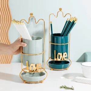 Home Goods Creative Design Cylinder Cutlery Chopstick Storage Holder Kitchen Ceramic Utensils Holder With Drain Basket