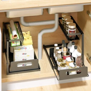 Kitchen Bathroom Cabinet Under the Sink Organizer Sliding Cabinet Basket Organizer Drawer 2 Tier Slide Out Sink Shelf