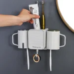 Wall-Mounted Punch-Free Plastic Storage Rack for Home Bathroom Toothpaste Cup Toothbrush Holder with Hair Dryer Organizer