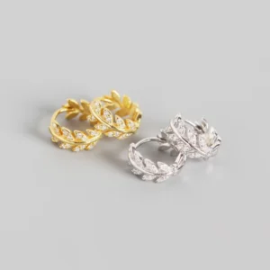 925 Sterling Silver Earrings Elegant Olive Leaf Shape with Shiny Zircon Diamond