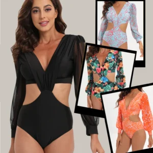 JSN High Quality Print Cut-out One Piece Swimwear Long Sleeve Swimsuit