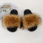 Luxury Women’s Faux Fur Slippers Hot Selling round Toe Raccoon Design Warm Flat Home Rubber Insole for Winter Outdoor Use