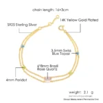 Feminina De Prata Natural Gemstone Rose Quartz Topaz Peridot S925 Link Chain Bracelet HI062