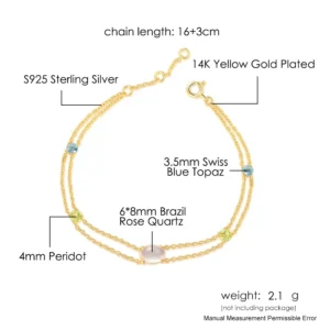 Feminina De Prata Natural Gemstone Rose Quartz Topaz Peridot S925 Link Chain Bracelet HI062