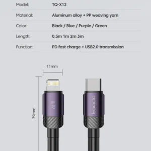 Toocki USB Type C Cable Fast Charging USB C Charger Cord For For iPhone 15 14 13 12 11 Huawei P40 P30 Realme Oppo Oneplus 1m 2m