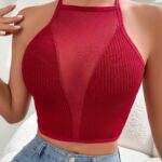 Women’s Sexy Mesh Vest – Slim Fit Halter Neck Cross-Back Top with Adjustable Hanging Neckline, Vibrant Orange  Black | Layering