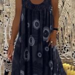 Plus Size Casual Dress, Women’s Plus Tile Print Eyelet Embroidered Round Neck Tank Dress