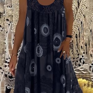 Plus Size Casual Dress, Women's Plus Tile Print Eyelet Embroidered Round Neck Tank Dress