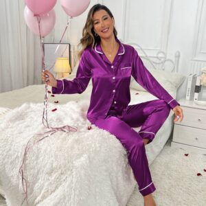 Solid Satin Pajama Set, Comfy Long Sleeve Pocket Button Up Top & Elastic Waistband Pants, Women's Sleepwear & Loungewear