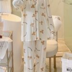 Long Sleeve Cartoon Bear Print Pajama Set, Women’s Cute Lapel Blouse Top & Elastic Waistband Pants for Loungewear & Sleepwear