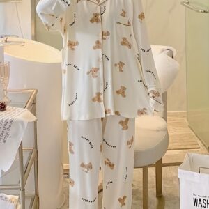 Long Sleeve Cartoon Bear Print Pajama Set, Women's Cute Lapel Blouse Top & Elastic Waistband Pants for Loungewear & Sleepwear