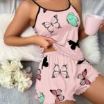 Butterfly Print Pajama Set, Lettuce Trim Cami Top & Elastic Waistband Shorts, Women’s Sleepwear & Loungewear