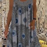 Plus Size Casual Dress, Women’s Plus Tile Print Eyelet Embroidered Round Neck Tank Dress