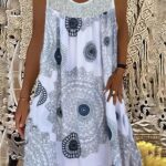 Plus Size Casual Dress, Women’s Plus Tile Print Eyelet Embroidered Round Neck Tank Dress