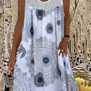Plus Size Casual Dress, Women's Plus Tile Print Eyelet Embroidered Round Neck Tank Dress