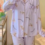 Long Sleeve Cartoon Bear Print Pajama Set, Women’s Cute Lapel Blouse Top & Elastic Waistband Pants for Loungewear & Sleepwear