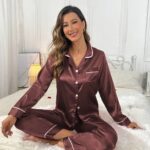 Solid Satin Pajama Set, Comfy Long Sleeve Pocket Button Up Top & Elastic Waistband Pants, Women’s Sleepwear & Loungewear