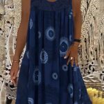 Plus Size Casual Dress, Women’s Plus Tile Print Eyelet Embroidered Round Neck Tank Dress