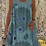 Plus Size Casual Dress, Women’s Plus Tile Print Eyelet Embroidered Round Neck Tank Dress