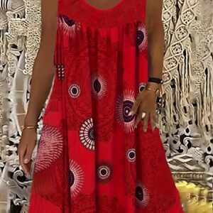 Plus Size Casual Dress, Women's Plus Tile Print Eyelet Embroidered Round Neck Tank Dress
