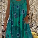 Plus Size Casual Dress, Women’s Plus Tile Print Eyelet Embroidered Round Neck Tank Dress