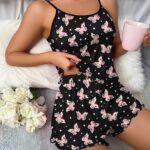 Butterfly Print Pajama Set, Lettuce Trim Cami Top & Elastic Waistband Shorts, Women’s Sleepwear & Loungewear
