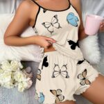 Butterfly Print Pajama Set, Lettuce Trim Cami Top & Elastic Waistband Shorts, Women’s Sleepwear & Loungewear