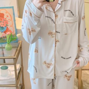 Long Sleeve Cartoon Bear Print Pajama Set, Women's Cute Lapel Blouse Top & Elastic Waistband Pants for Loungewear & Sleepwear