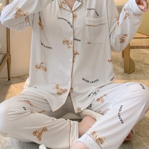 Long Sleeve Cartoon Bear Print Pajama Set, Women's Cute Lapel Blouse Top & Elastic Waistband Pants for Loungewear & Sleepwear