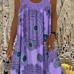 Plus Size Casual Dress, Women’s Plus Tile Print Eyelet Embroidered Round Neck Tank Dress