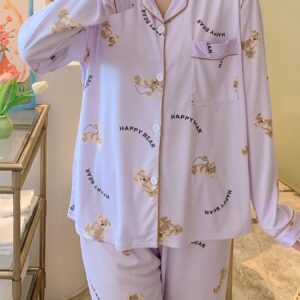 Long Sleeve Cartoon Bear Print Pajama Set, Women's Cute Lapel Blouse Top & Elastic Waistband Pants for Loungewear & Sleepwear