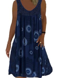 Plus Size Casual Dress, Women's Plus Tile Print Eyelet Embroidered Round Neck Tank Dress