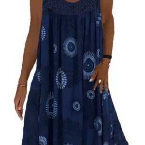 Plus Size Casual Dress, Women's Plus Tile Print Eyelet Embroidered Round Neck Tank Dress