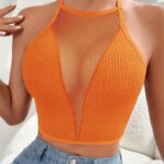 Women’s Sexy Mesh Vest – Slim Fit Halter Neck Cross-Back Top with Adjustable Hanging Neckline, Vibrant Orange  Black | Layering