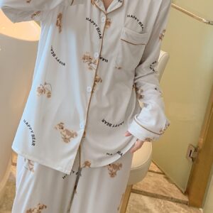 Long Sleeve Cartoon Bear Print Pajama Set, Women's Cute Lapel Blouse Top & Elastic Waistband Pants for Loungewear & Sleepwear