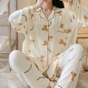 Long Sleeve Cartoon Bear Print Pajama Set, Women's Cute Lapel Blouse Top & Elastic Waistband Pants for Loungewear & Sleepwear