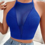 Women’s Sexy Mesh Vest – Slim Fit Halter Neck Cross-Back Top with Adjustable Hanging Neckline, Vibrant Orange  Black | Layering