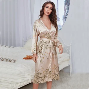 Women's Silk Robes Bride Bridesmaid Kimono Satin Bathrobe V Neck Sleepwear Satin Robe Valentines Lingerie Ruffle Belted for Women