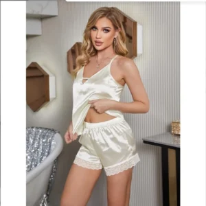 Women's Casual Two-Piece Thermal Sleepwear Set Breathable V-Neck Shorts Pajamas Woven Fabric
