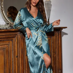 Women's Silk Robes Bride Bridesmaid Kimono Satin Bathrobe V Neck Sleepwear Satin Robe Valentines Lingerie Ruffle Belted for Women