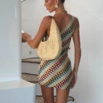 Summer Holiday Beach Robes Women Chic Backless Slanted Shoulder Slim Fit Dresses  Irregular Printed Knitted Mini Dress