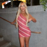 Summer Holiday Beach Robes Women Chic Backless Slanted Shoulder Slim Fit Dresses  Irregular Printed Knitted Mini Dress