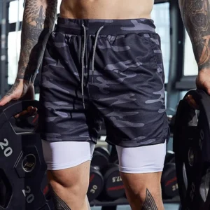 Men's 2-in-1 Camo Quick Dry Yoga and Running Shorts Compression Inner Layer Gym Fitness Jogging Pants